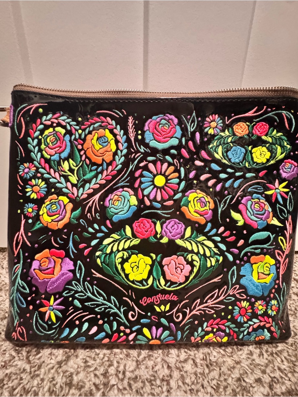 Consuela Black Floral Multicolor Embroidered Cosmetic Pouch